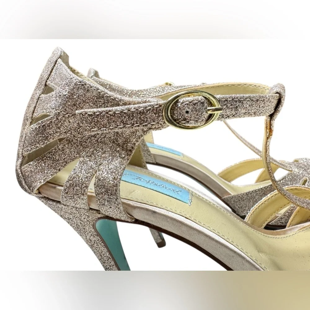 Betsey Johnson Tee Gold Glitter T-Strap High Heel Shoes Size 8 - Picture 8 of 14